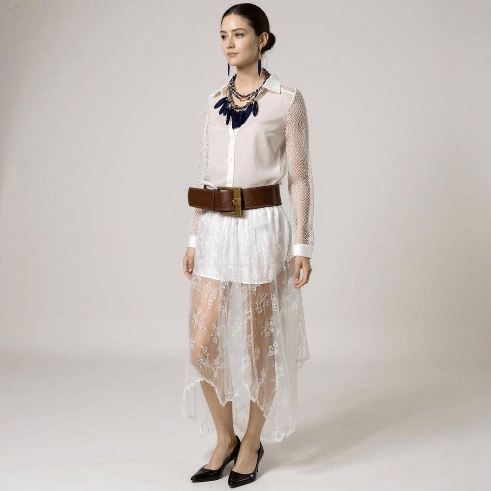 White Floral Lace Overlay Asymmetrical Uneven Maxi Skirt NEW - Picture 1 of 3